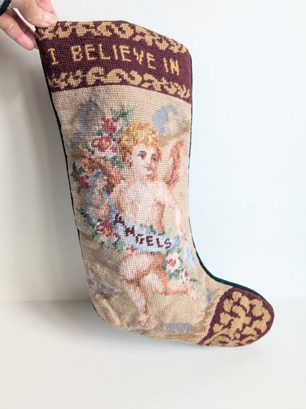 Vtg Handmade Christmas Wool Needlepoint Stocking "I Believe in Angels" Cherub